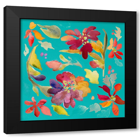 Floral Party On Teal Black Modern Wood Framed Art Print with Double Matting by Loreth, Lanie