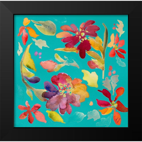 Floral Party On Teal Black Modern Wood Framed Art Print by Loreth, Lanie