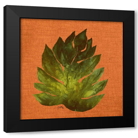 Leaf on Teal Burlap Black Modern Wood Framed Art Print with Double Matting by Medley, Elizabeth