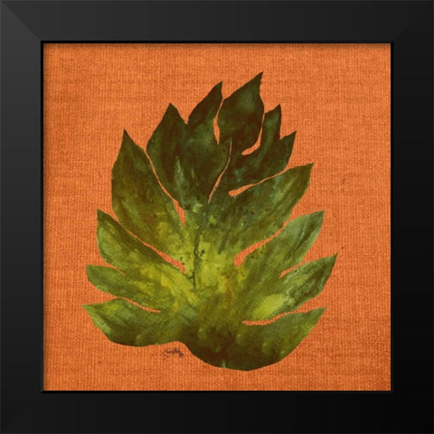 Leaf on Teal Burlap Black Modern Wood Framed Art Print by Medley, Elizabeth