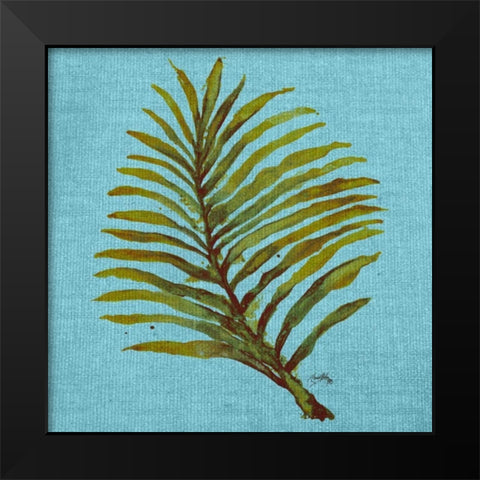 Leaf on Teal Burlap Black Modern Wood Framed Art Print by Medley, Elizabeth