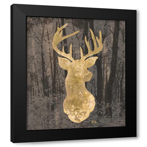 Gold Deer on Black Black Modern Wood Framed Art Print by Pinto, Patricia