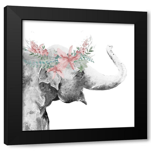 Water Elephant with Flower Crown Square Black Modern Wood Framed Art Print by Pinto, Patricia