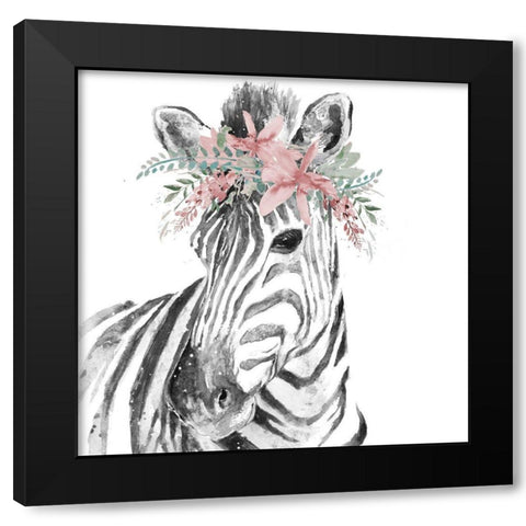 Water Zebra with Floral Crown Square Black Modern Wood Framed Art Print by Pinto, Patricia