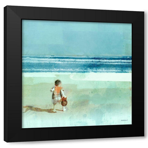 Beach Day Throwing Black Modern Wood Framed Art Print by Meneely, Dan