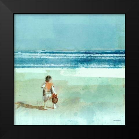 Beach Day Throwing Black Modern Wood Framed Art Print by Meneely, Dan