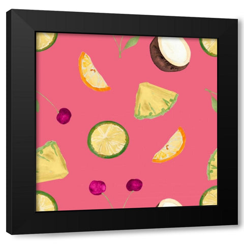 Cherries Pattern on Pink Black Modern Wood Framed Art Print by James, Nola