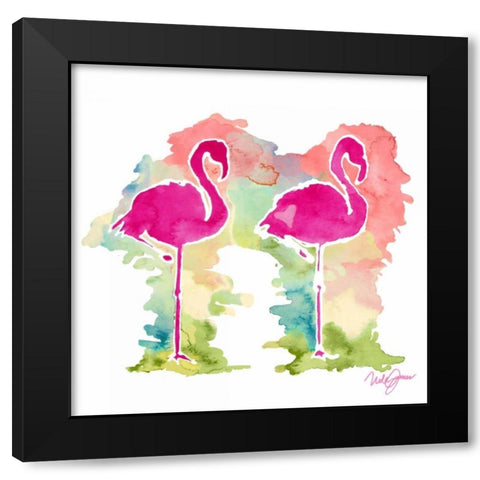 Sunset Flamingo Pair Black Modern Wood Framed Art Print by James, Nola