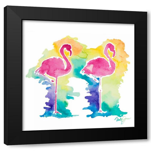 Sunset Flamingo Square I Black Modern Wood Framed Art Print with Double Matting by James, Nola