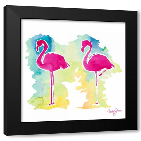 Sunset Flamingo Black Modern Wood Framed Art Print by James, Nola