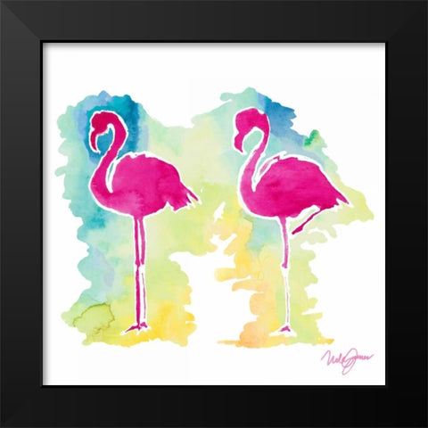 Sunset Flamingo Black Modern Wood Framed Art Print by James, Nola