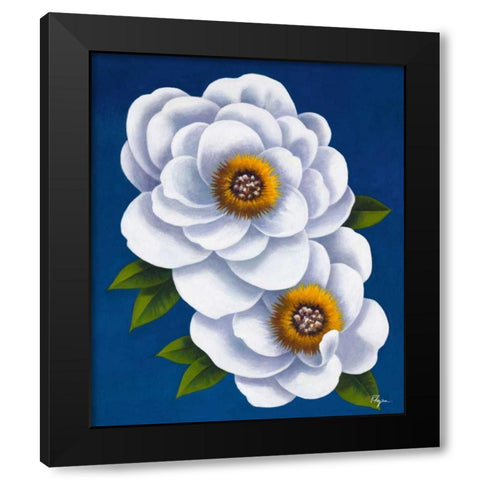 White Flowers on Blue I Black Modern Wood Framed Art Print with Double Matting by Rhyan, Vivien
