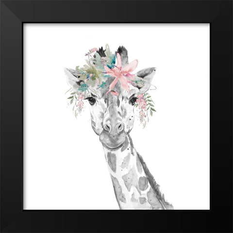 Water Giraffe with Floral Crown Square Black Modern Wood Framed Art Print by Pinto, Patricia