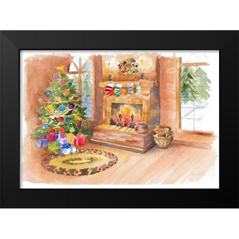 Santas Fireplace and Tree Scene Black Modern Wood Framed Art Print by Loreth, Lanie