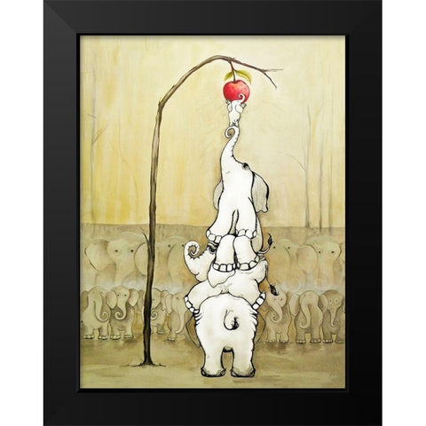 Whimsical Elephants with Red Apple Black Modern Wood Framed Art Print by Diannart