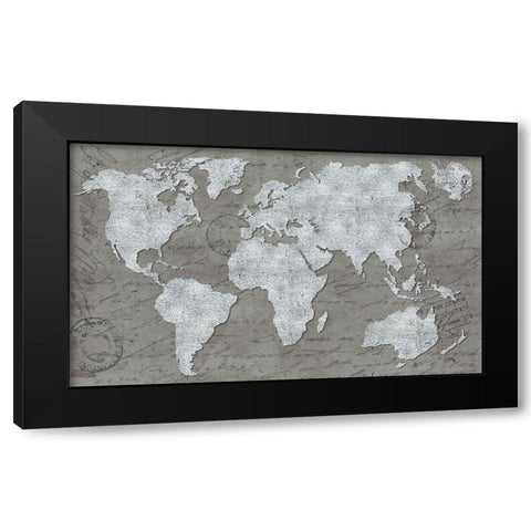 World Map On Script Black Modern Wood Framed Art Print by Medley, Elizabeth