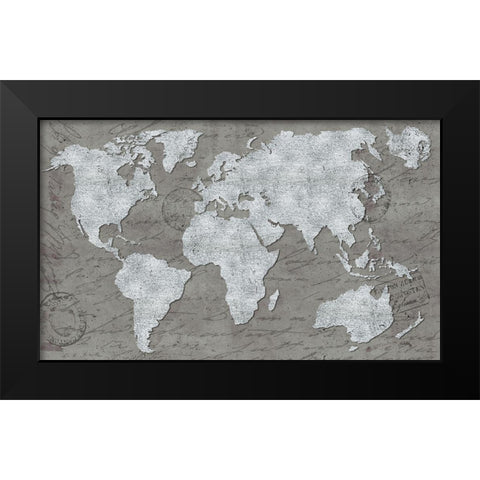 World Map On Script Black Modern Wood Framed Art Print by Medley, Elizabeth
