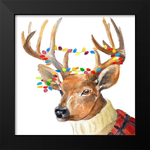 Christmas Lights Reindeer Sweater Black Modern Wood Framed Art Print by Loreth, Lanie