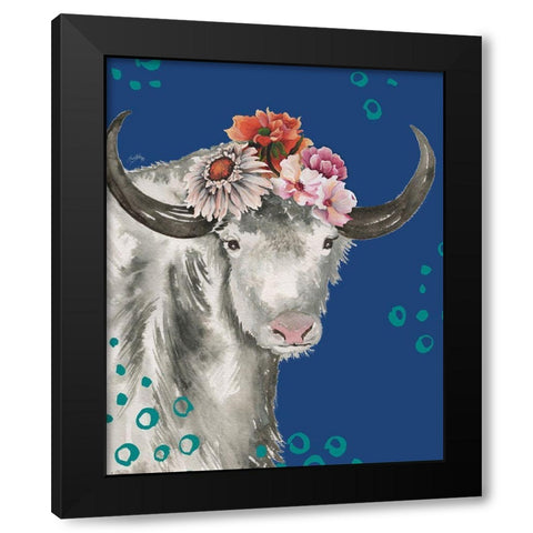 Floral Yak on Blue Black Modern Wood Framed Art Print by Medley, Elizabeth