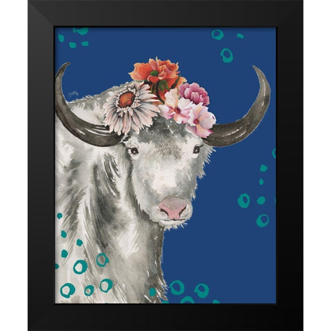 Floral Yak on Blue Black Modern Wood Framed Art Print by Medley, Elizabeth