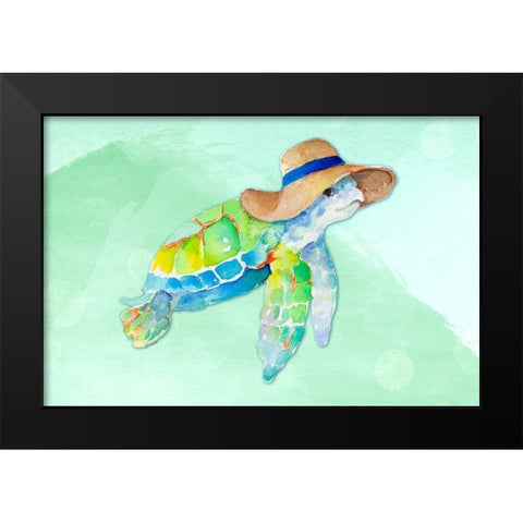 Turtle With Hat on Watercolor (blue) Black Modern Wood Framed Art Print by Loreth, Lanie