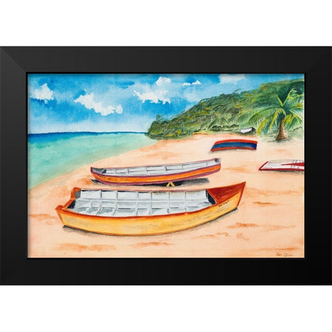 Canoes on the Beach Black Modern Wood Framed Art Print by Odum, Jan