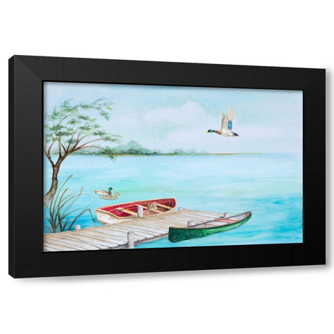 Fishing Dock With Mallards Black Modern Wood Framed Art Print by Gaynor, Janice
