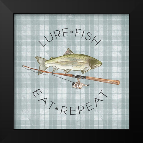 Lure Fish Eat Repeat Black Modern Wood Framed Art Print by Medley, Elizabeth