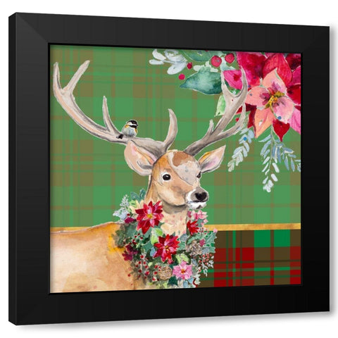 Holiday Reindeer on Plaid I Black Modern Wood Framed Art Print with Double Matting by Pinto, Patricia