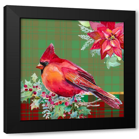 Holiday Poinsettia and Cardinal on Plaid I Black Modern Wood Framed Art Print by Pinto, Patricia