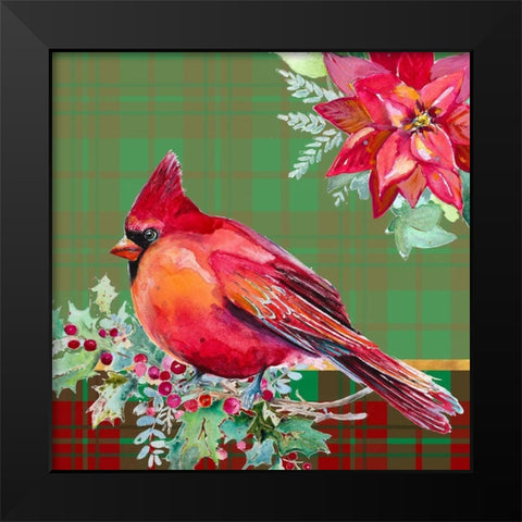 Holiday Poinsettia and Cardinal on Plaid I Black Modern Wood Framed Art Print by Pinto, Patricia