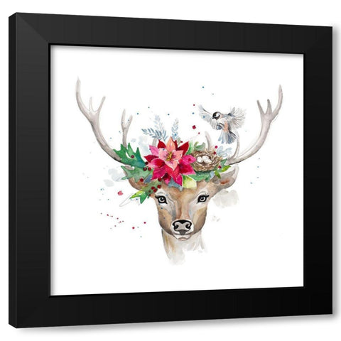 Woodland Deer with Bird Black Modern Wood Framed Art Print with Double Matting by Pinto, Patricia