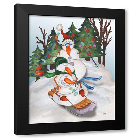 Sledding Snowmen Black Modern Wood Framed Art Print with Double Matting by Medley, Elizabeth