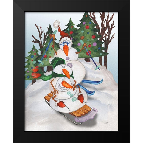 Sledding Snowmen Black Modern Wood Framed Art Print by Medley, Elizabeth