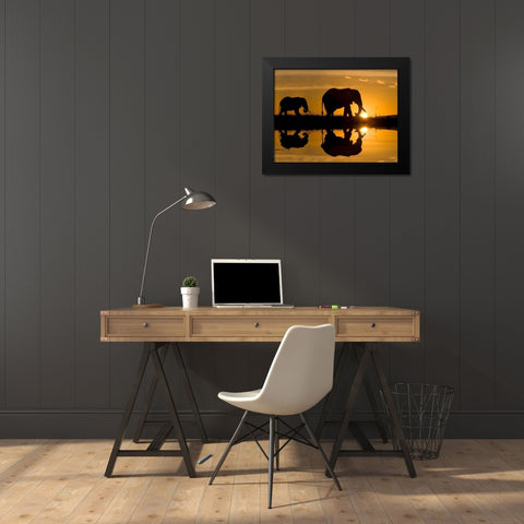 Elephants at Sundown Black Modern Wood Framed Art Print by Jimmyz