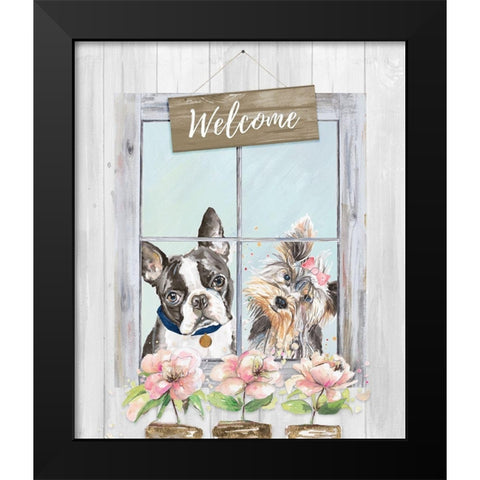 Doggy Welcome Black Modern Wood Framed Art Print by Pinto, Patricia