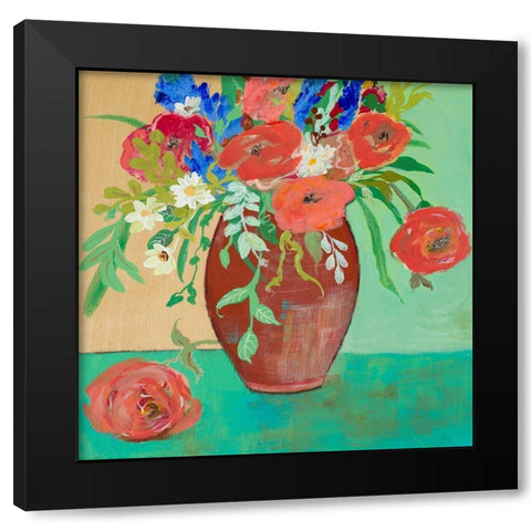 Vase of Peach and Blue Roses Black Modern Wood Framed Art Print by Maria, Robin