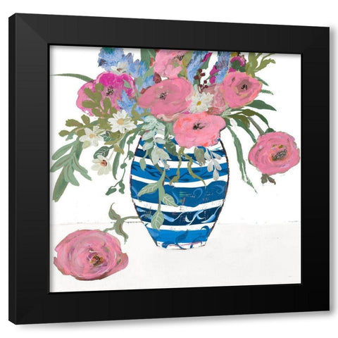 Blue Vase of Pink Roses Black Modern Wood Framed Art Print by Maria, Robin
