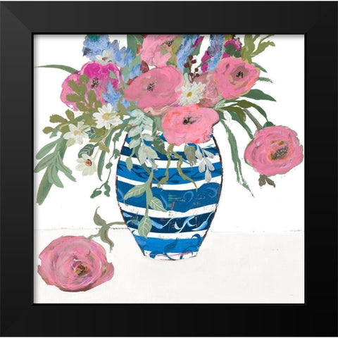 Blue Vase of Pink Roses Black Modern Wood Framed Art Print by Maria, Robin