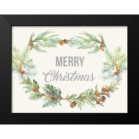 Merry Christmas Pine Cone Wreath Black Modern Wood Framed Art Print by Loreth, Lanie