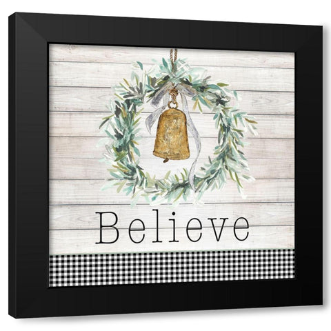 Believe Bell Wreath Black Modern Wood Framed Art Print by Pinto, Patricia