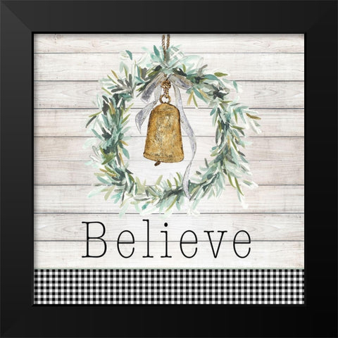Believe Bell Wreath Black Modern Wood Framed Art Print by Pinto, Patricia