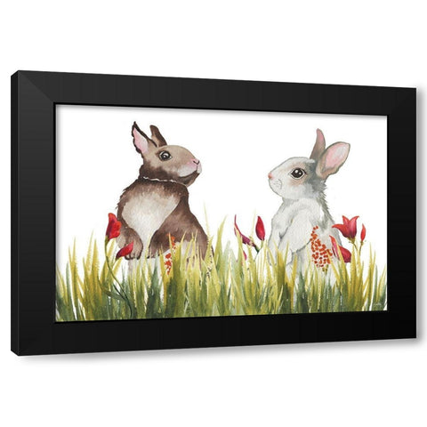 Bunnies Among the Flowers I Black Modern Wood Framed Art Print with Double Matting by Medley, Elizabeth