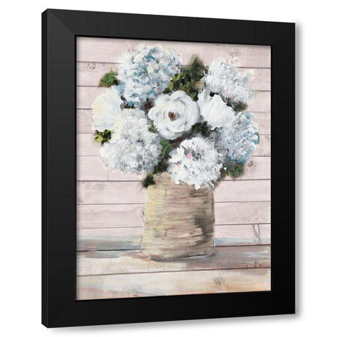 White and Blue Rustic Blooms Black Modern Wood Framed Art Print by DeRice, Julie
