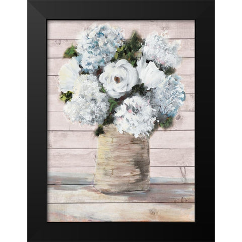 White and Blue Rustic Blooms Black Modern Wood Framed Art Print by DeRice, Julie