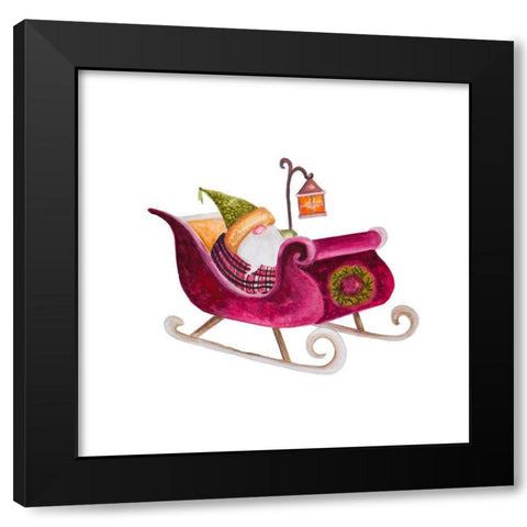 Gnome on a Sleigh Black Modern Wood Framed Art Print with Double Matting by Gaynor, Janice
