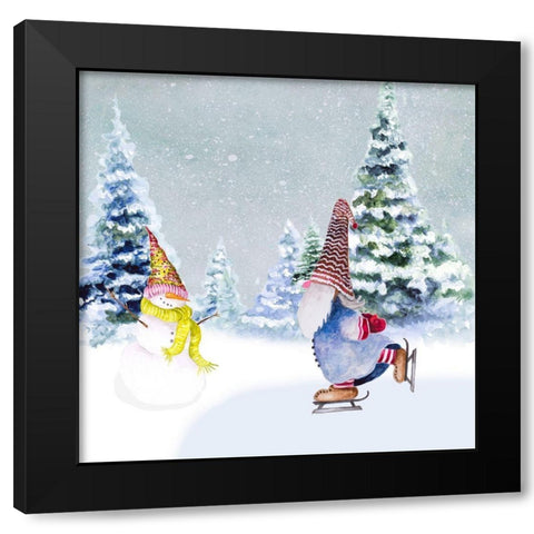 Gnomes Ice Skating I Black Modern Wood Framed Art Print by Gaynor, Janice