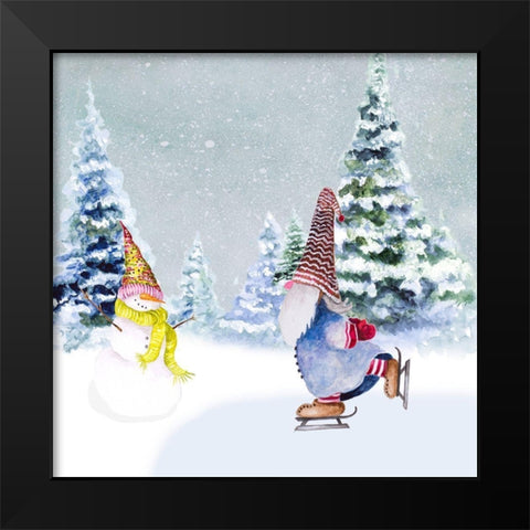 Gnomes Ice Skating I Black Modern Wood Framed Art Print by Gaynor, Janice