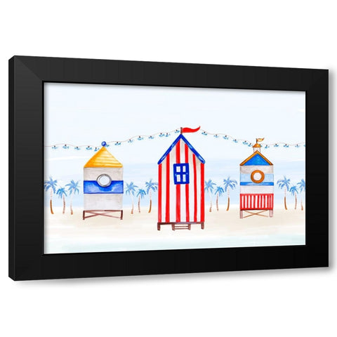 Lifeguard Houses on the Beach Black Modern Wood Framed Art Print by Del Sol, Ani