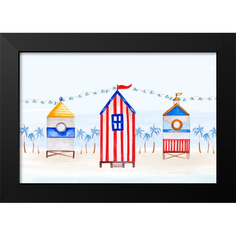 Lifeguard Houses on the Beach Black Modern Wood Framed Art Print by Del Sol, Ani
